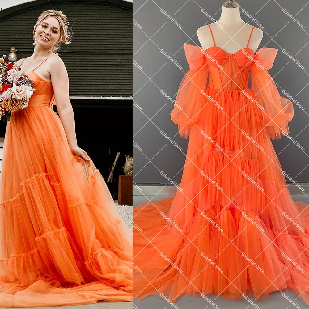 오렌지 스파게티 스트랩 Tulle 라인 저녁 파티 드레스 사용자 정의 만든 간단한 칵테일 행사 코르 셋 V Neckline 웨딩 드레스